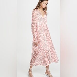 BAUM UND PFERDGARTEN Axelle Pink Red White Floral Midi Surplice Dress 36 (US 4)